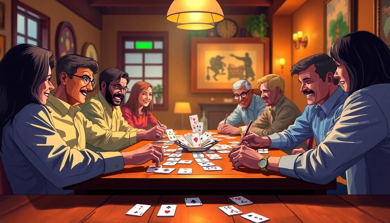 Players engaged in a lively game of rummy wealth, showcasing colorful cards and a vibrant atmosphere.