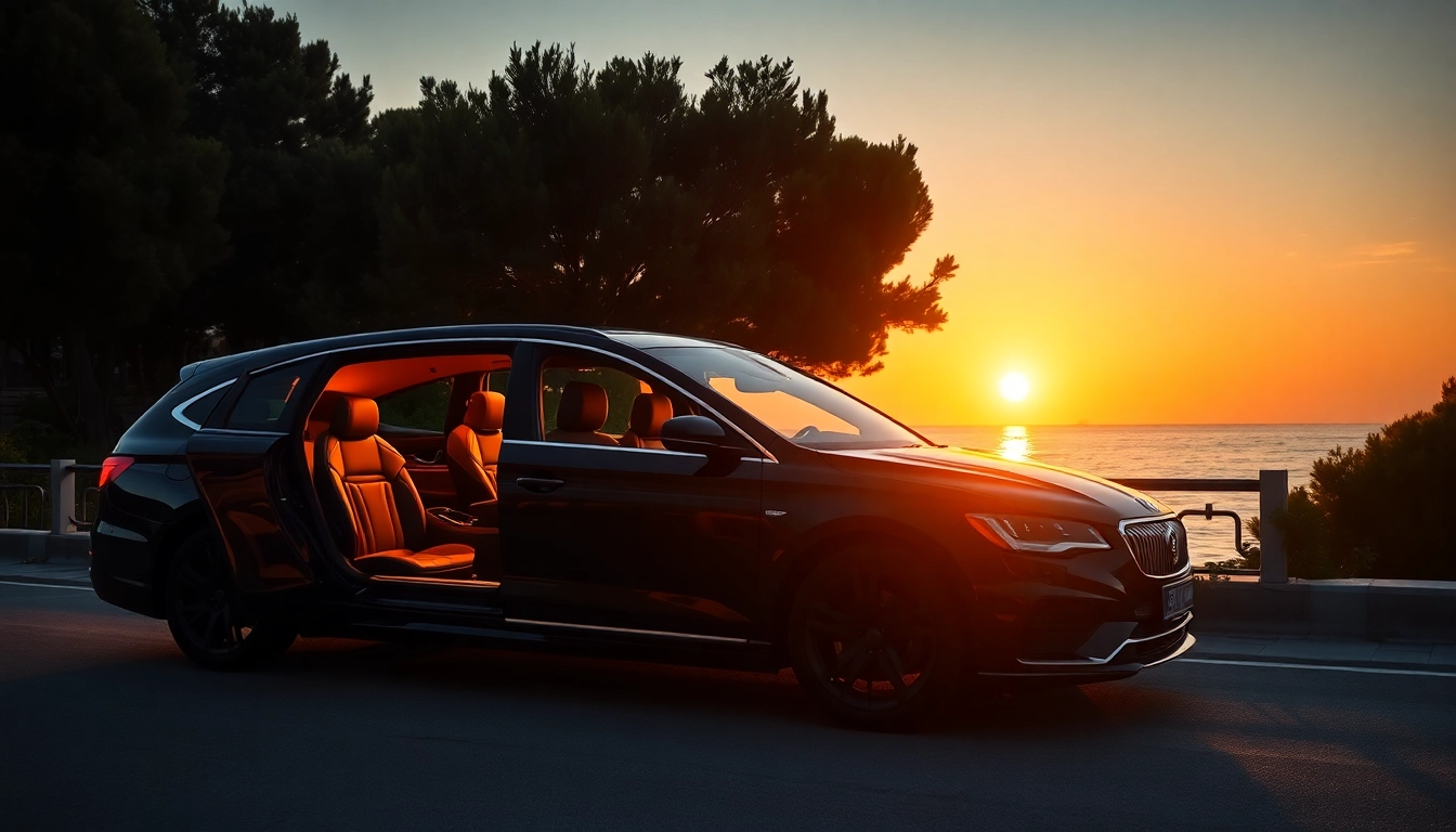 Luxury hire chauffeur Malta offers an elegant vehicle on the Mediterranean coast at sunset.