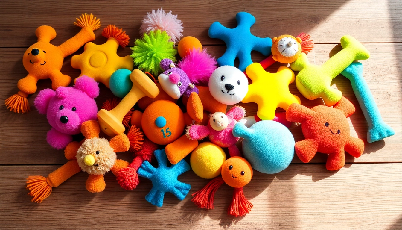 Interactive pet toys selection, featuring a variety of textures and colors for Dogs and Cats.