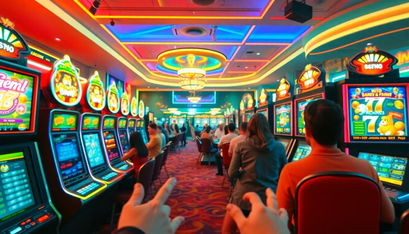 Engage with สปินฟรี on colorful gaming machines in a lively casino environment.