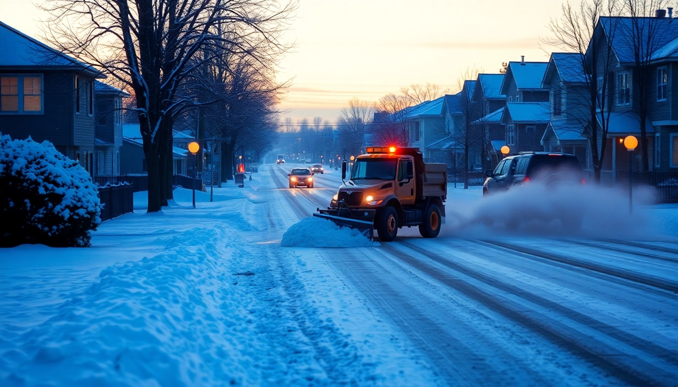 Snow plowing service clearing residential streets with a bright snow plow at dusk.