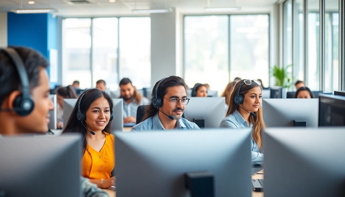 Agents working at a call center in Tijuana, showcasing teamwork in a vibrant, professional environment.