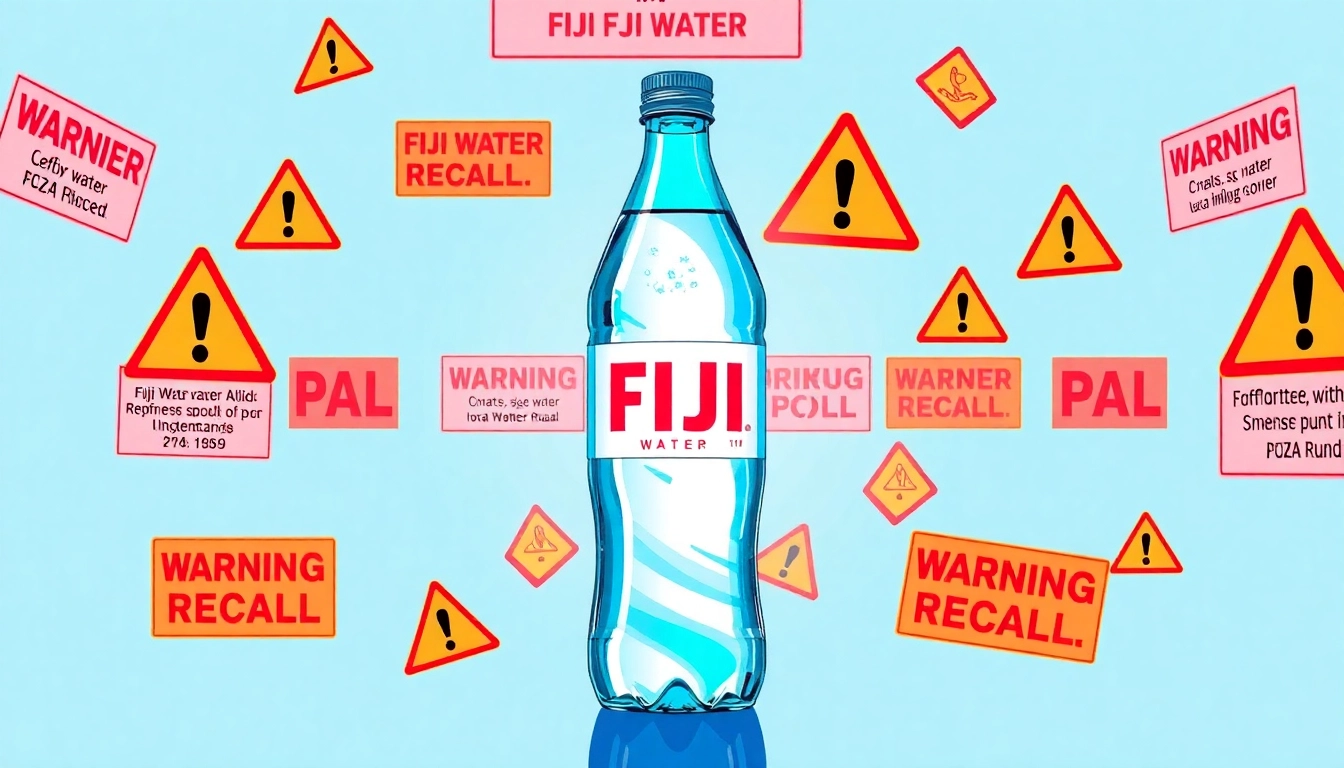 Highlighting the fiji water recall 2024, a Fiji water bottle with warning signs to alert consumers about contamination issues.