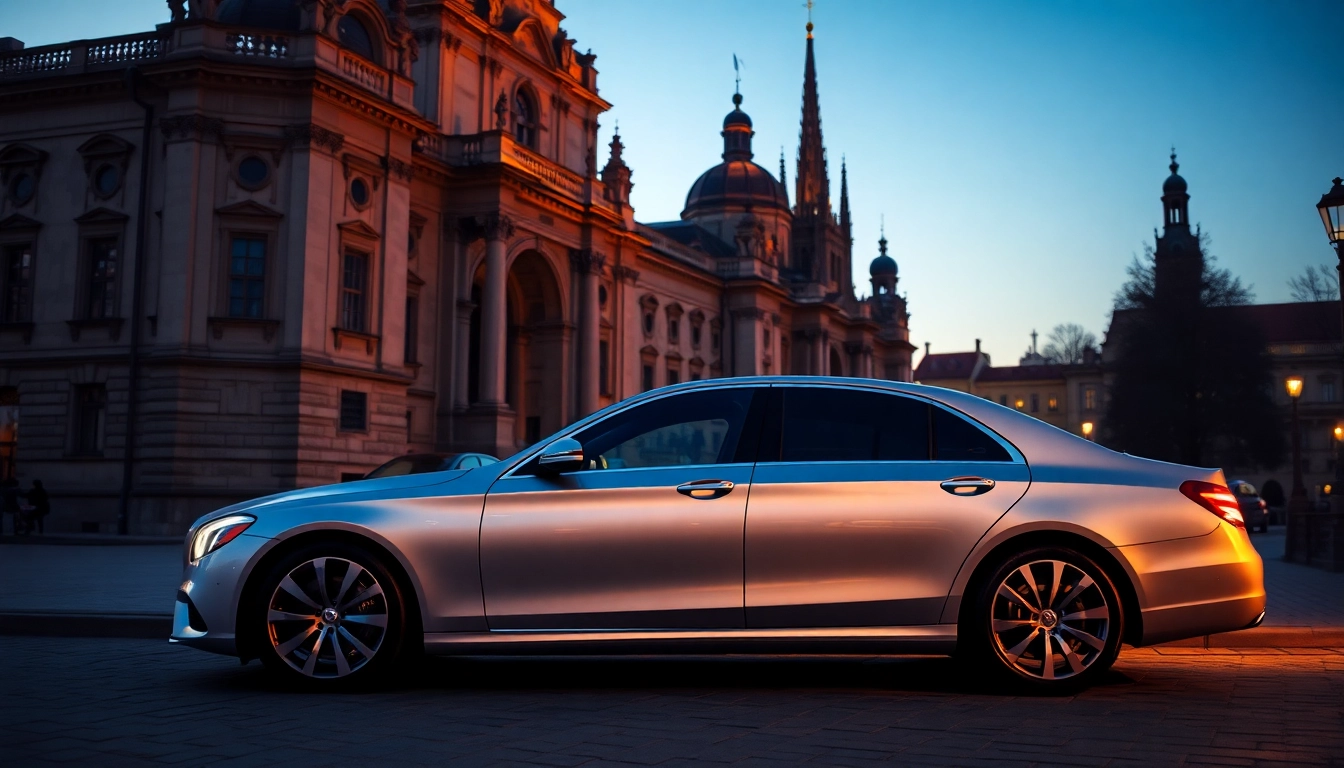 Professional driver hire Krakow with a luxurious sedan at a scenic Krakow benchmark.