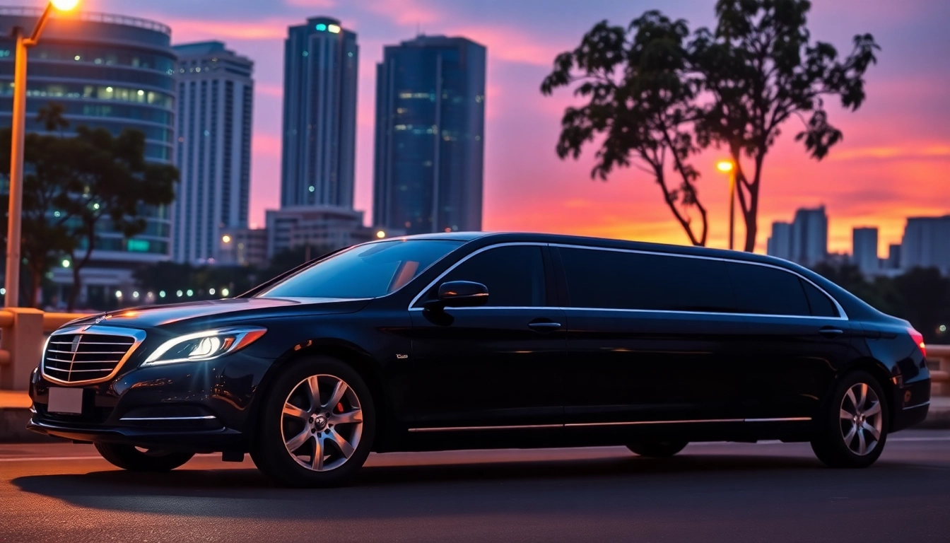 Experience professional chauffeur hire Manila in style with a luxury limousine against a sunset backdrop.