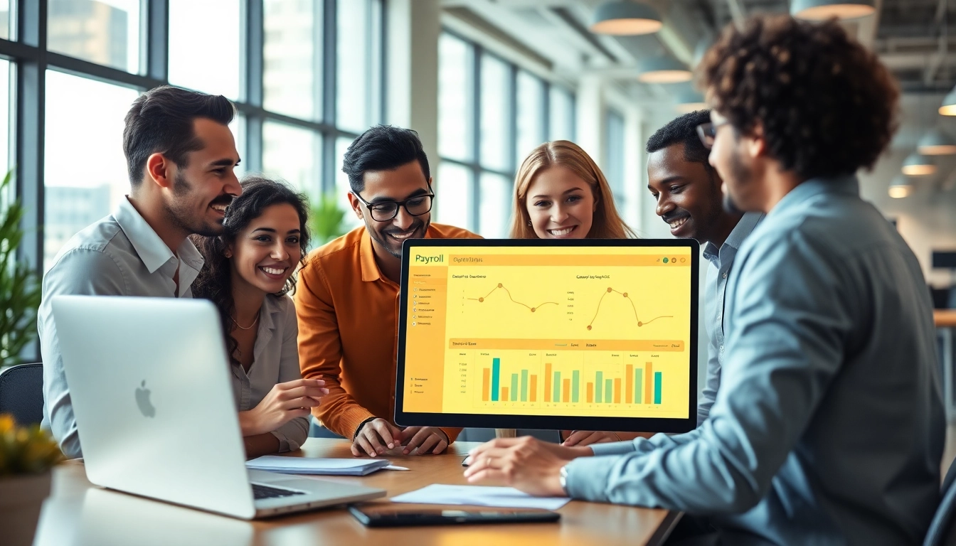 Streamline payroll solutions with a collaborative team using modern software tools in an office.
