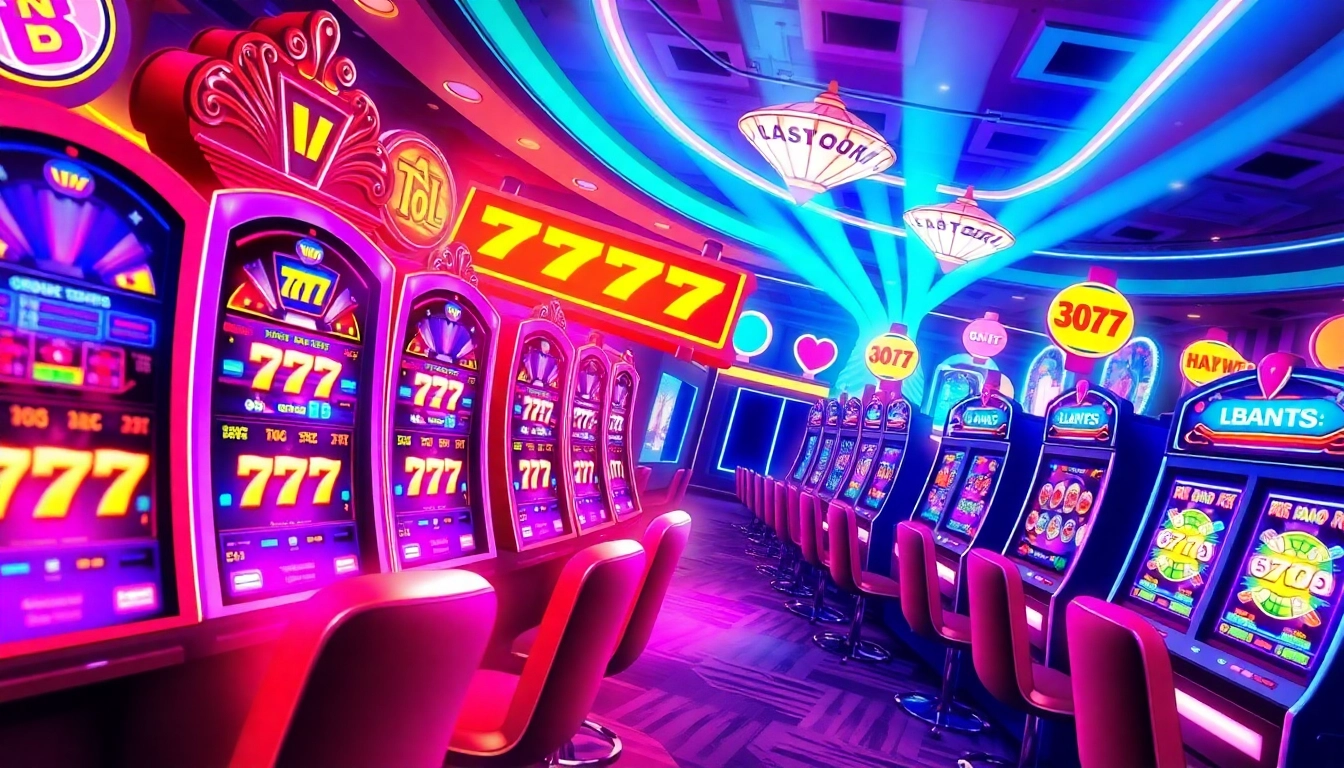 Engage with สล็อต777 slot machines in a vibrant casino setting filled with colorful lights and excitement.