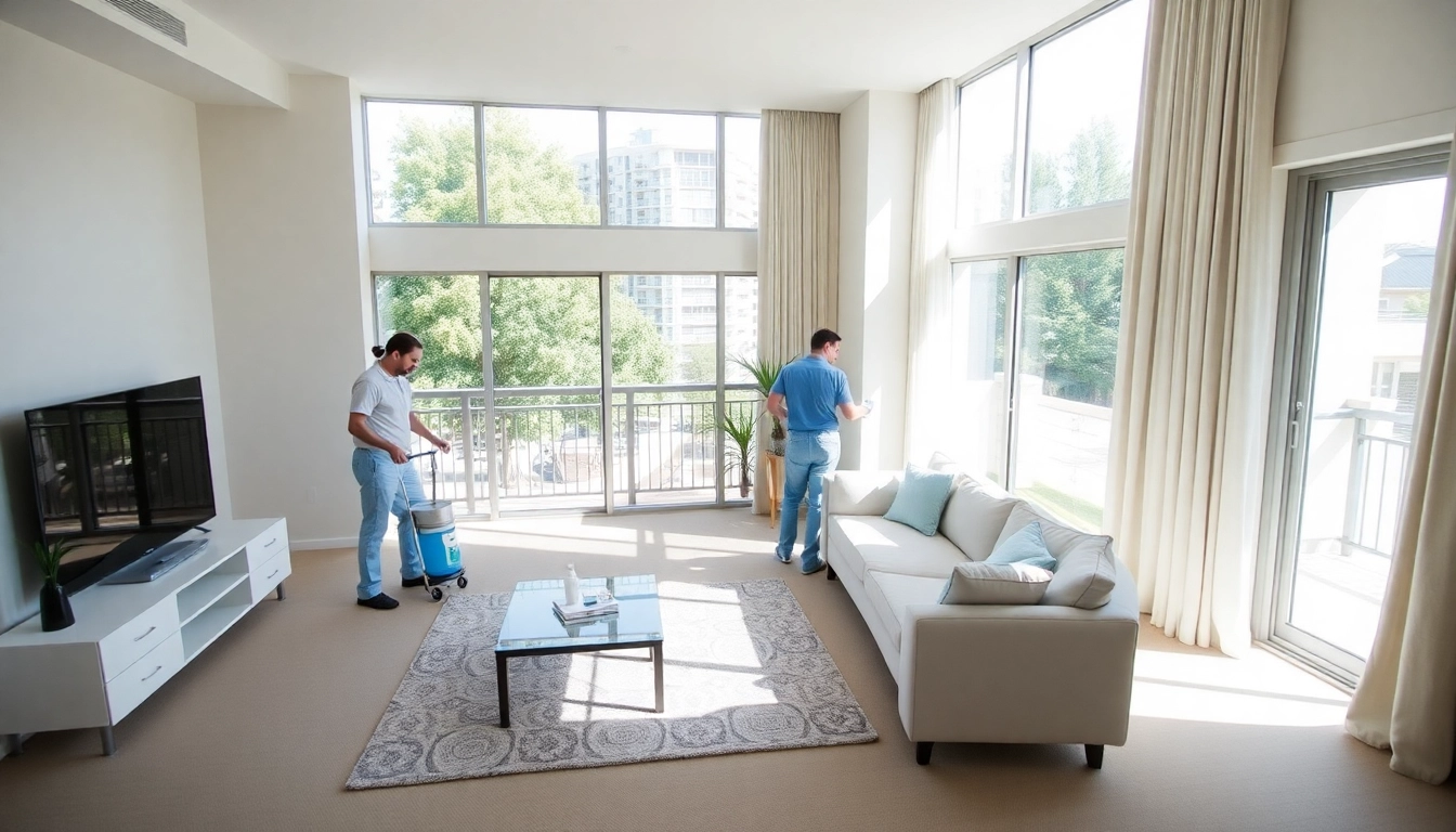 Professional bond cleaning Brisbane service in action, showcasing a tidy living room being cleaned.