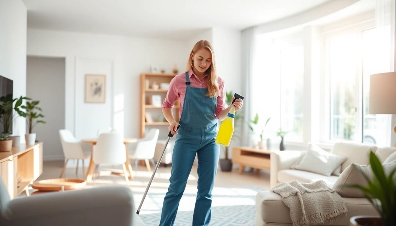 Professional cleaner from a cleaning company in Jacksonville tidying a bright living room.