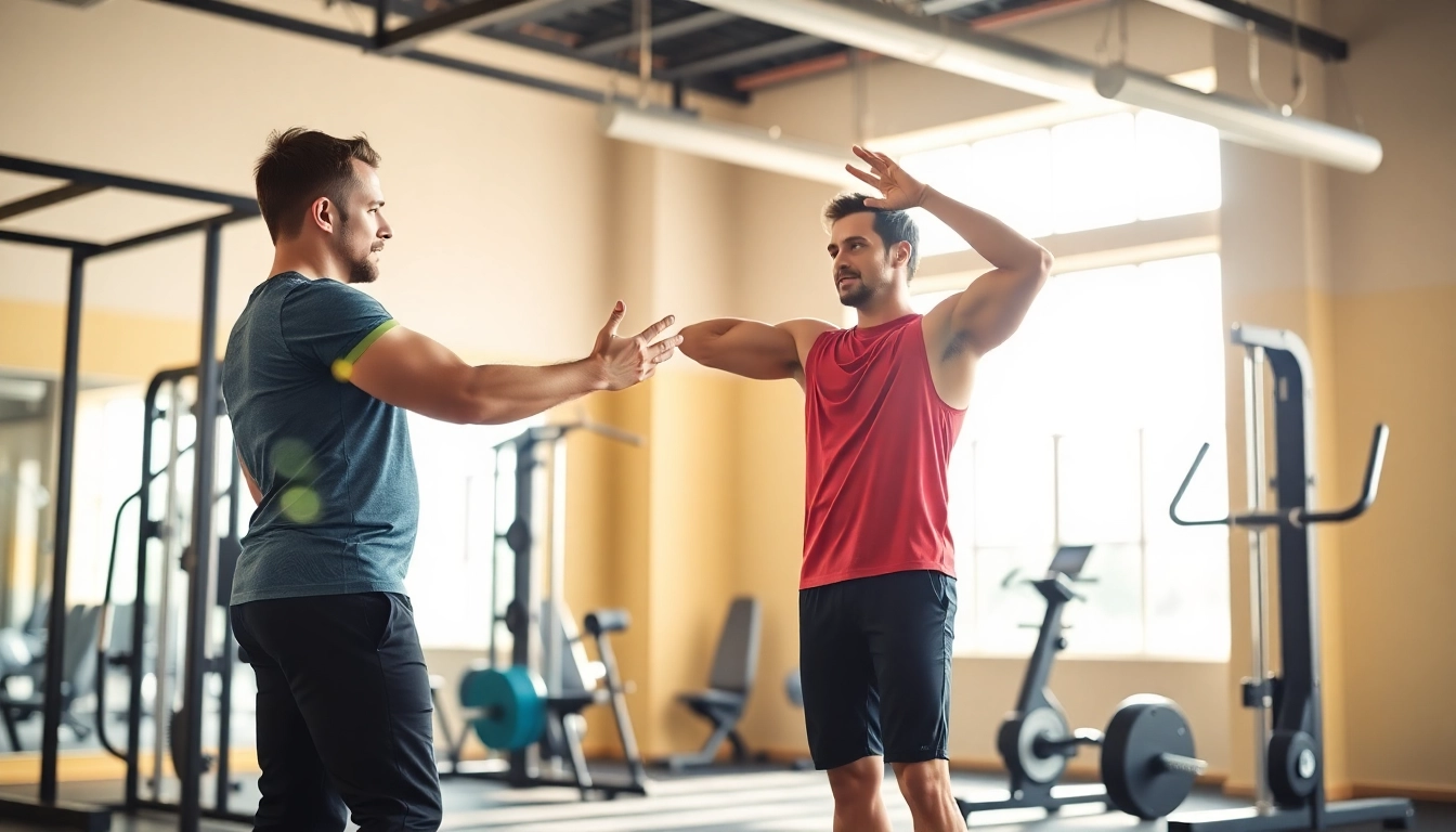 Effective Personal Trainer demonstrating workout techniques with a client in a vibrant gym atmosphere.