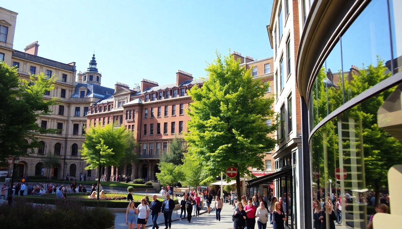 Streetscape of Bloomsbury showcasing historic architecture and vibrant life