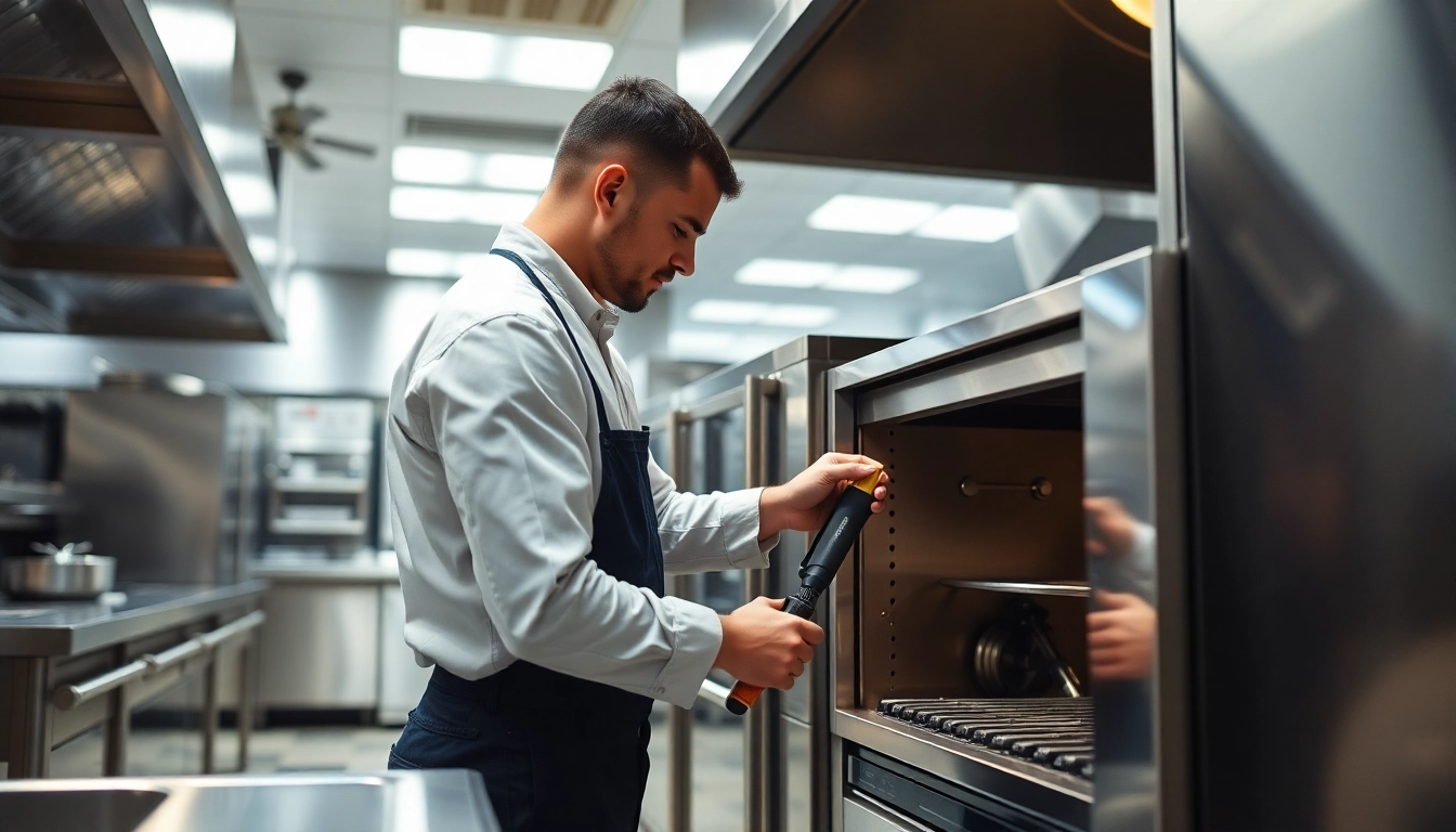 Technician performing chef base repair in a busy commercial kitchen with stainless steel appliances.