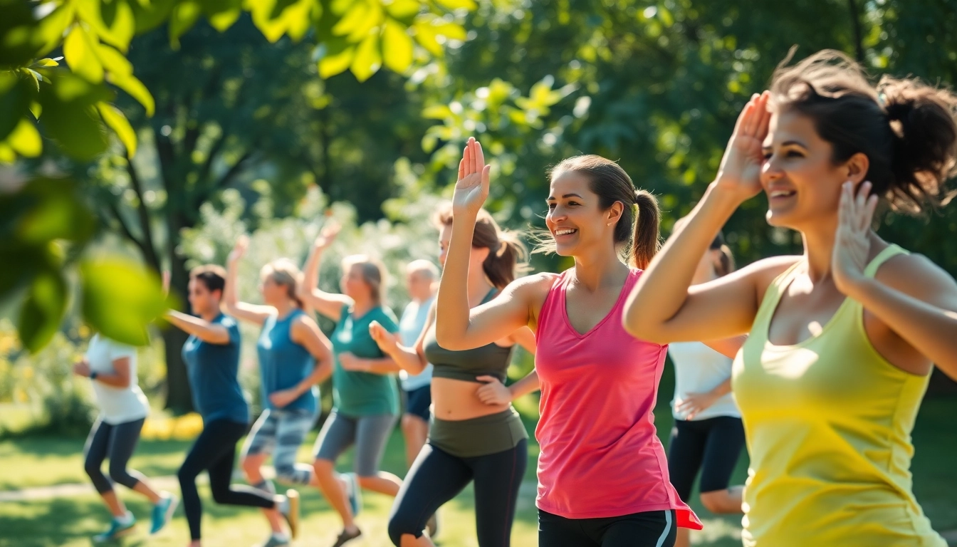 Promote Health by showcasing a diverse group exercising outdoors in a sunlit green park.