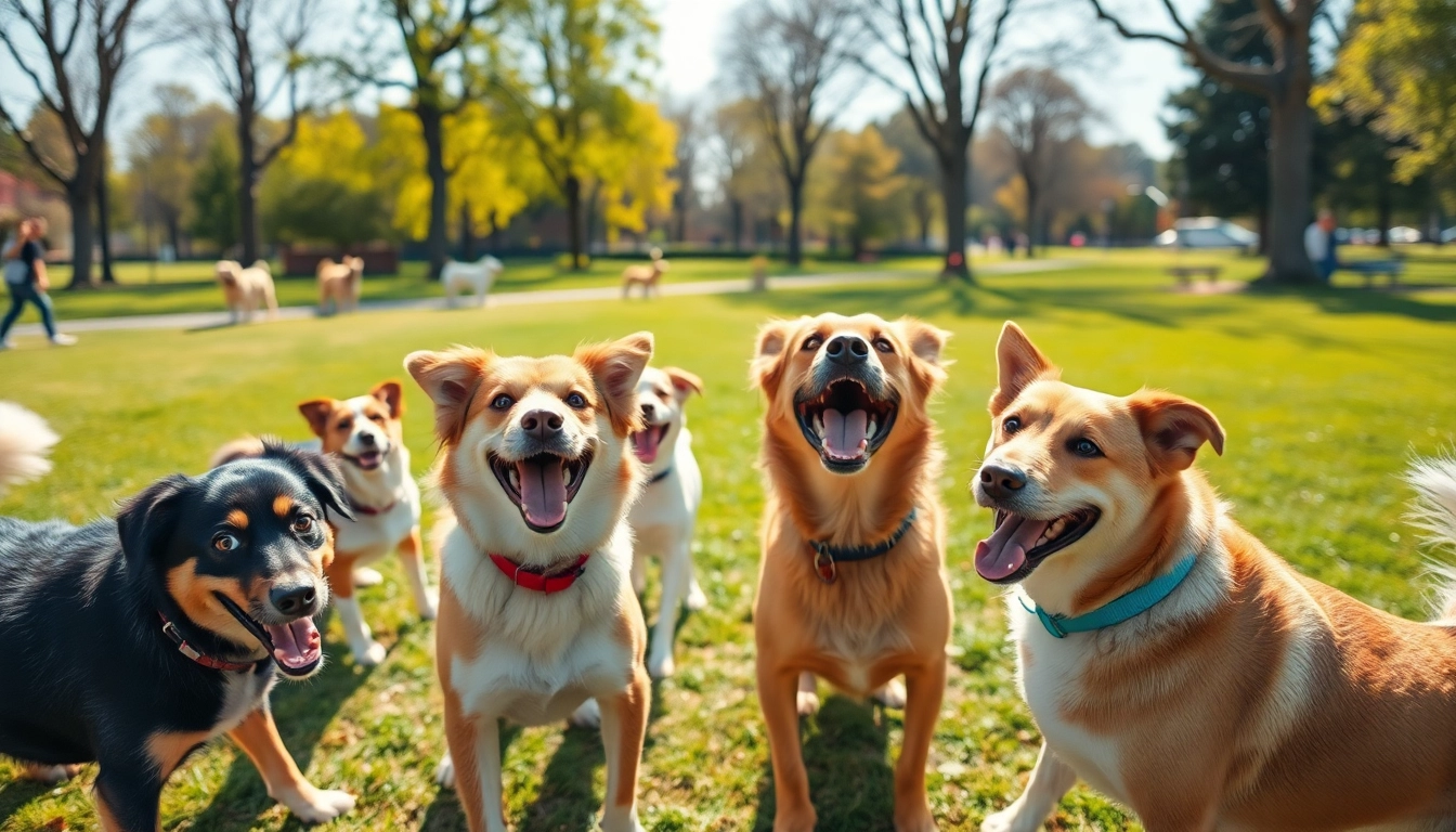 Kate's K9 Pet Care offers a joyful experience with dogs playing in the park, showcasing vibrant pets in action.