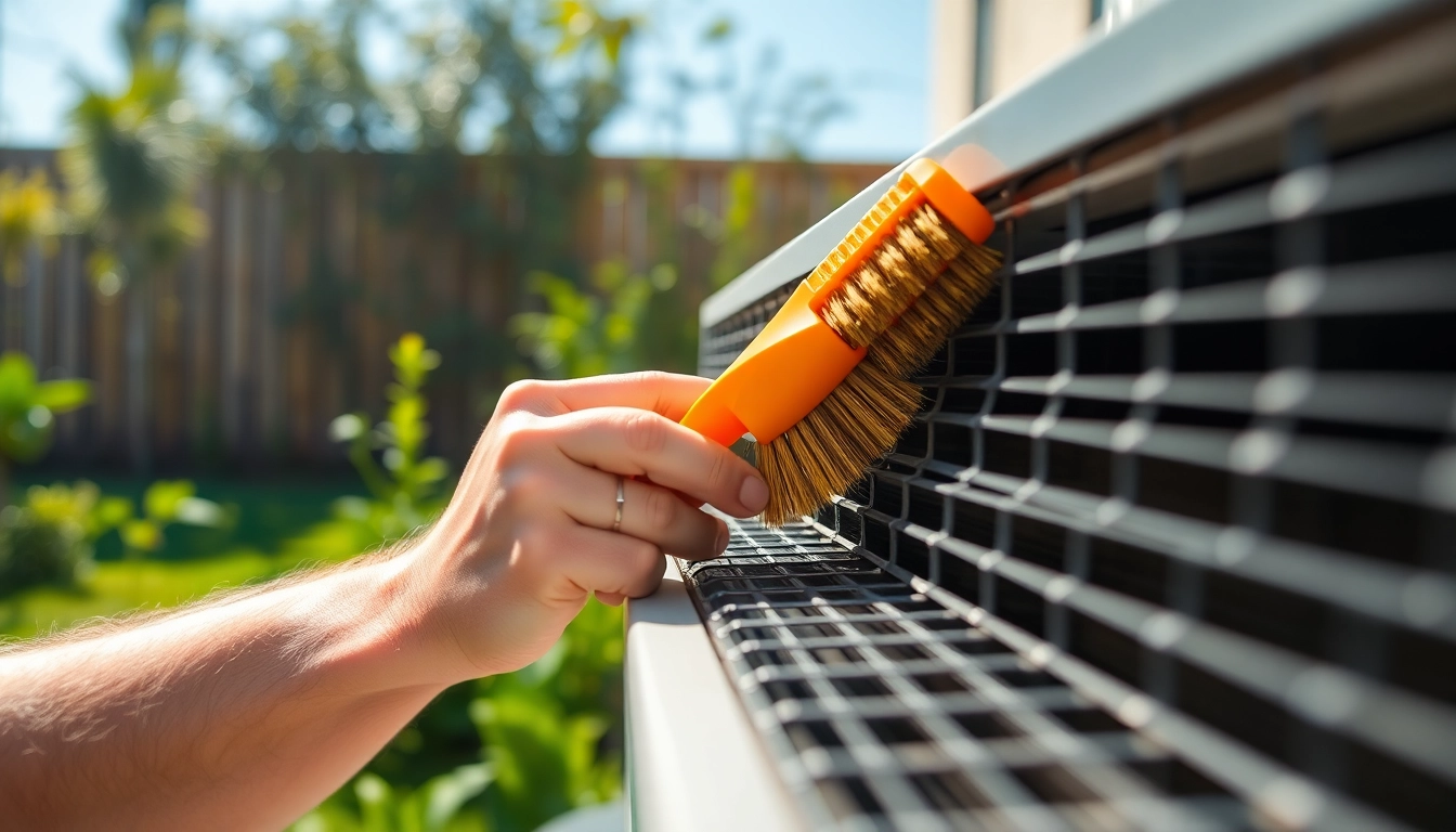 Cleaning air conditioner condenser coils with a brush in a sunny garden setting.