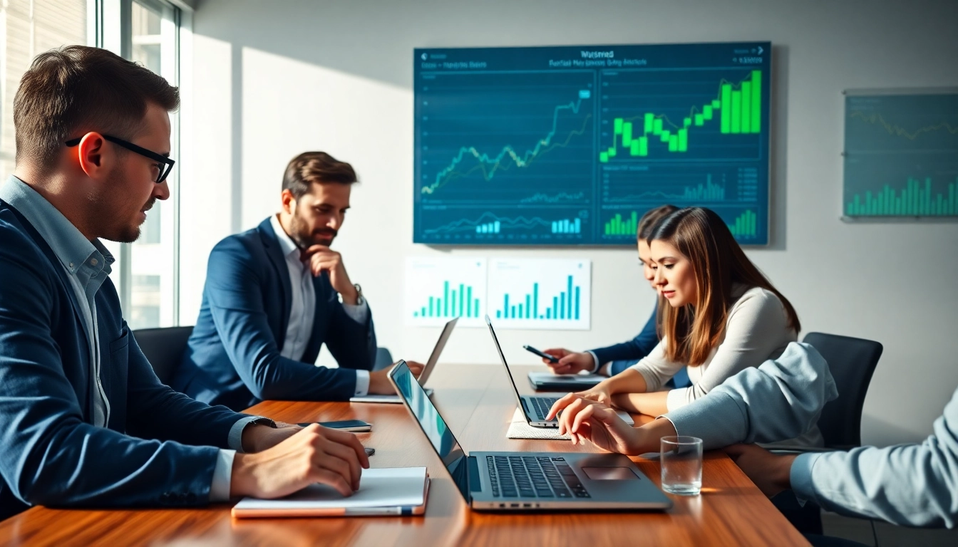 Boost trade marketing strategies with a dynamic business team collaborating in a modern office.