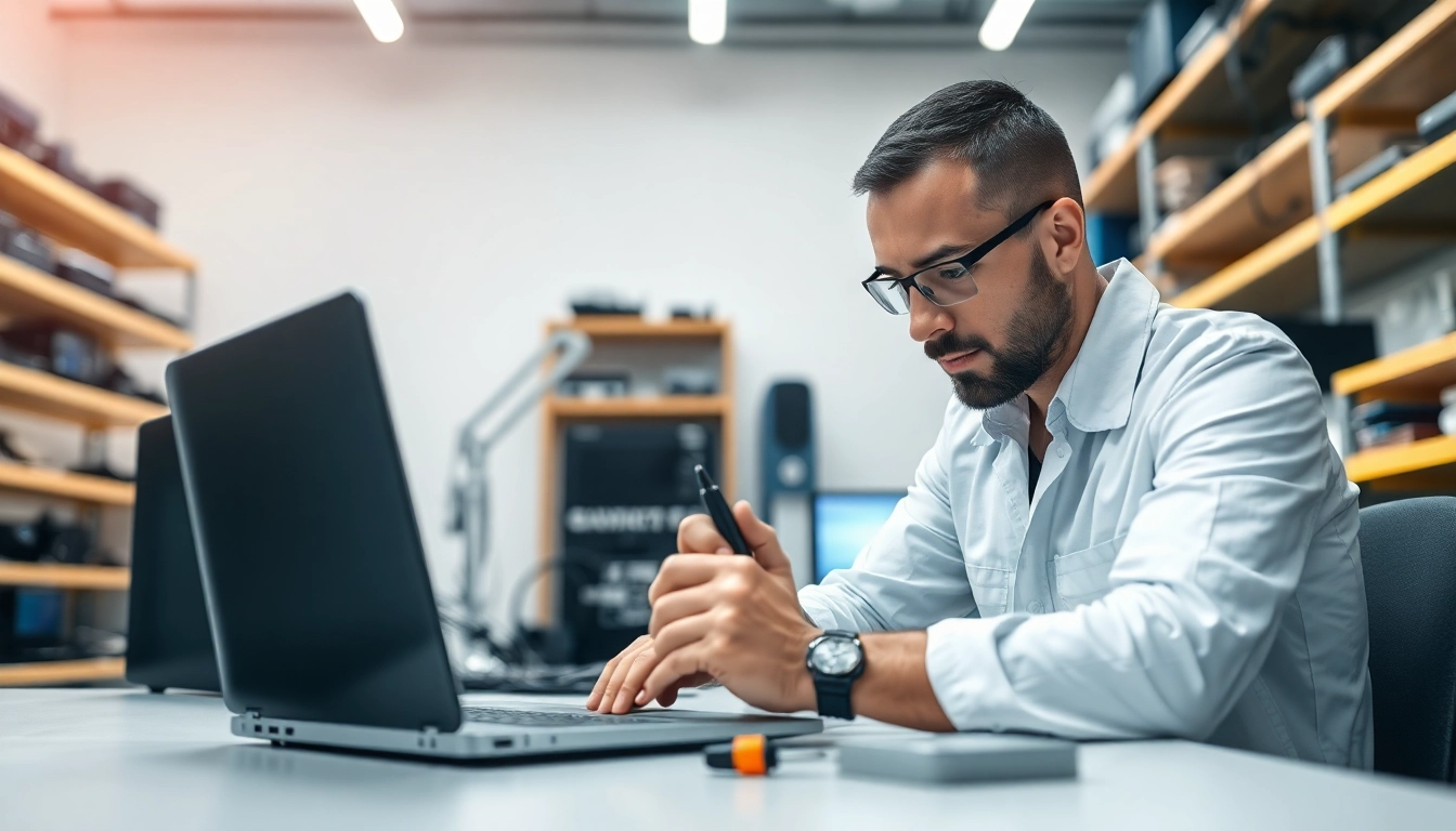 Riparazione computer torino: tecnico al lavoro su un laptop in un laboratorio moderno.