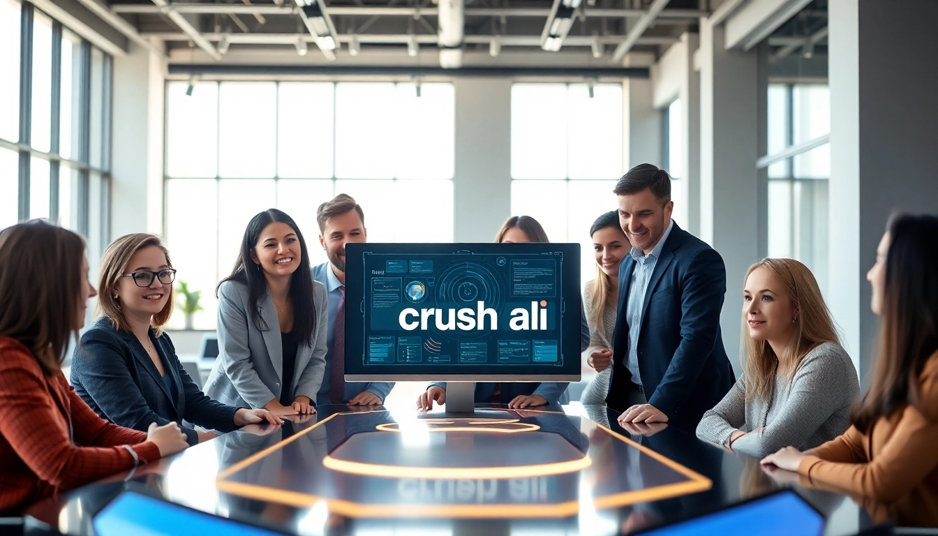 Collaborative team discussing crush ai concepts in a modern office setting.