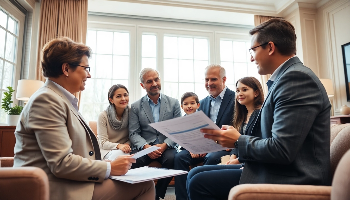Société de gestion de patrimoine familial, conseiller financier présentant un plan à une famille.