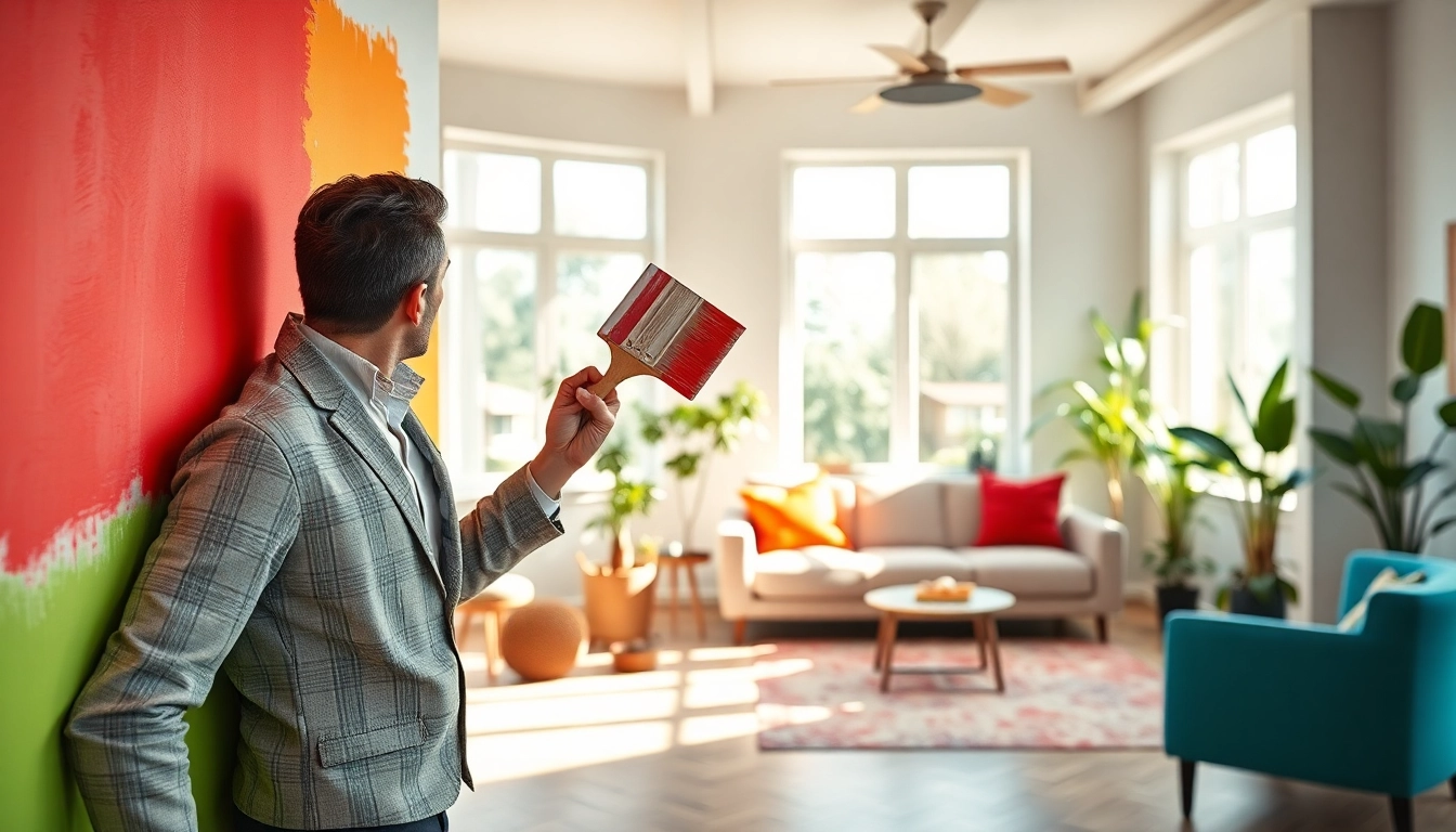 Professional interior painting in a modern living room showcasing vibrant colors and textures.