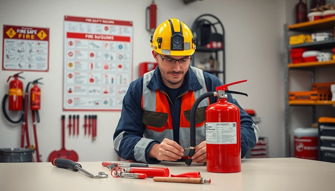 Technician performing fire extinguisher servicing Cannock with expert attention and safety equipment.