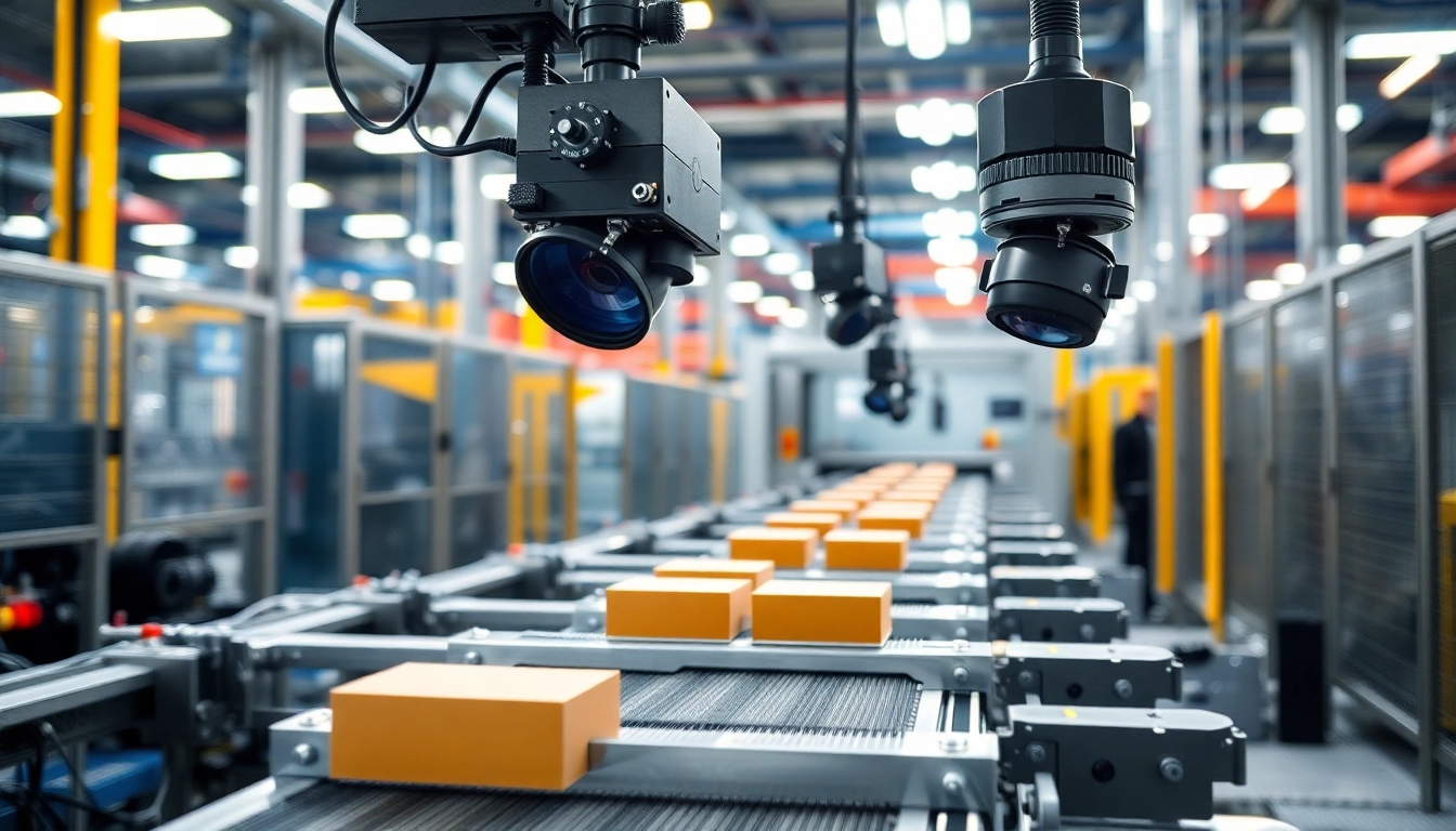 Illustration of a machine vision system inspecting products, highlighting technology and innovation.