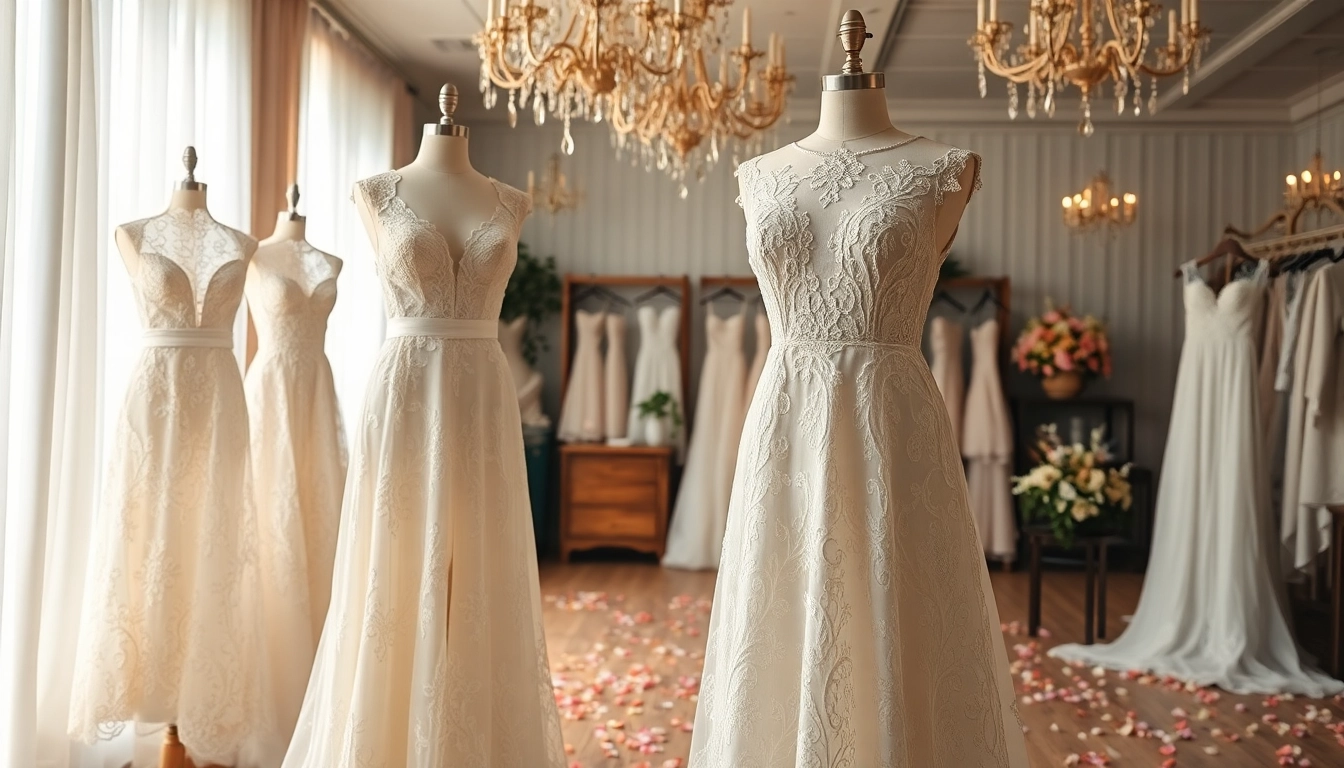 Admire stunning lace wedding dresses showcased elegantly in a bridal boutique environment.