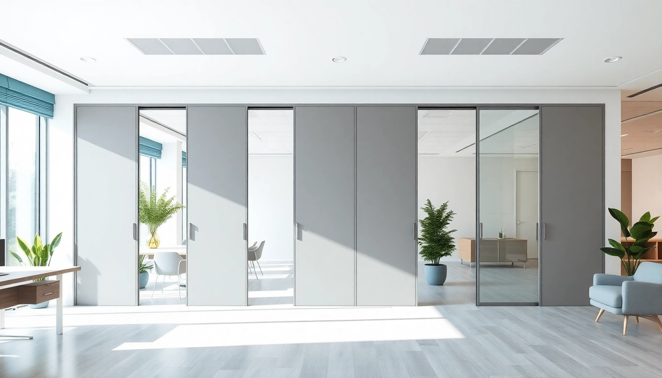 Showcasing a versatile Folding Partition Wall in a modern office setting with bright light and soft colors.
