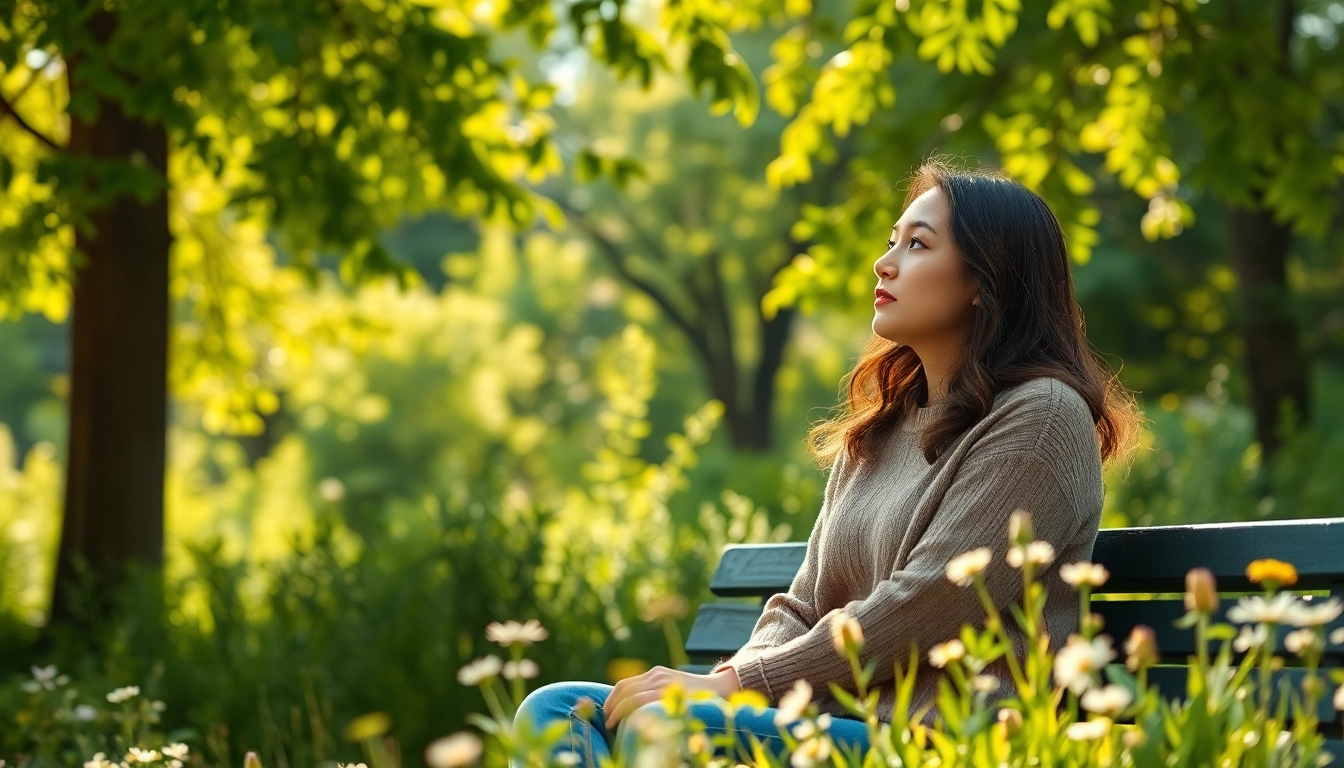 Individual dealing with grief reflects in a serene park setting, surrounded by nature and soft light.