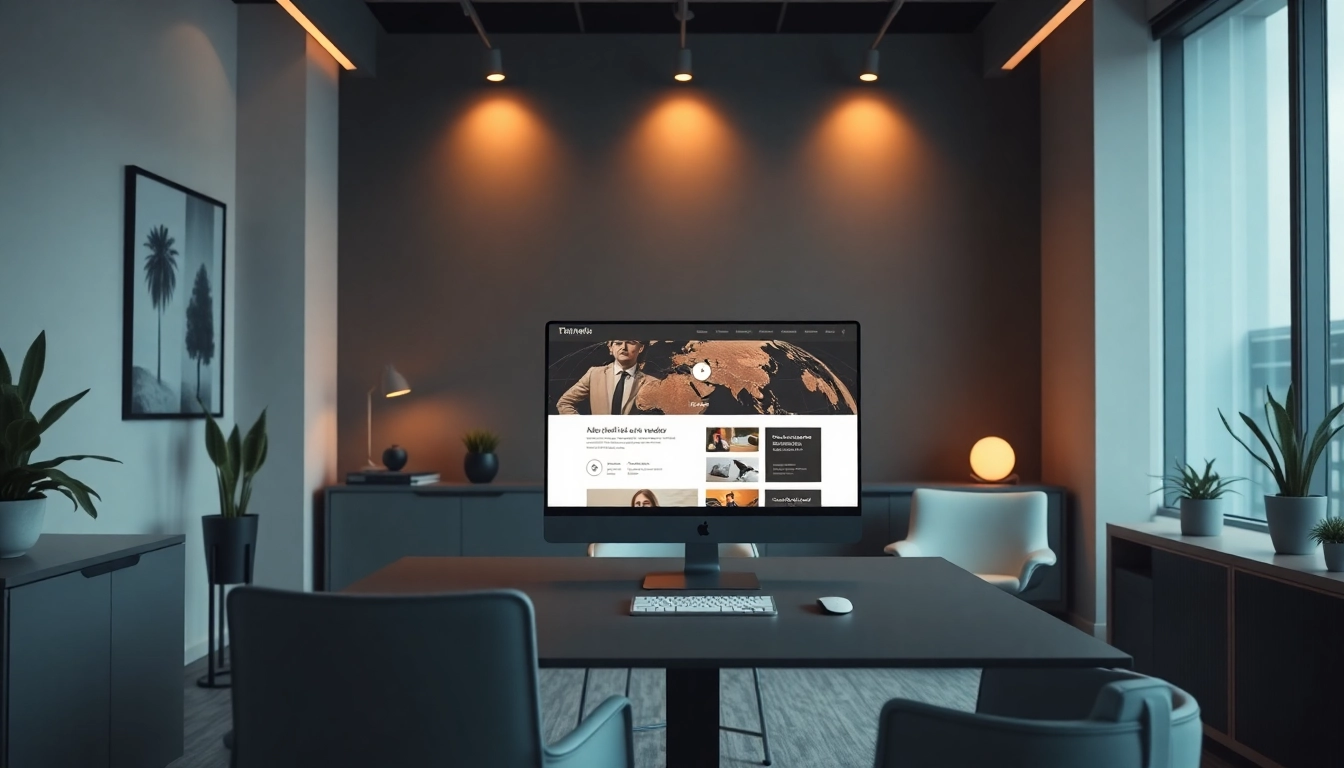 View the 美洽官网 interface on a modern computer in a stylish office environment.