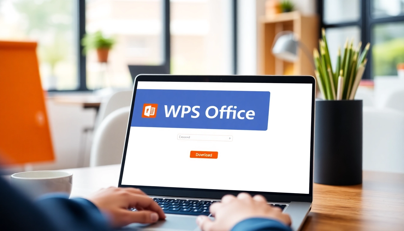 Download WPS Office软件下载 on a laptop in a modern workspace, featuring vibrant colors and natural lighting.