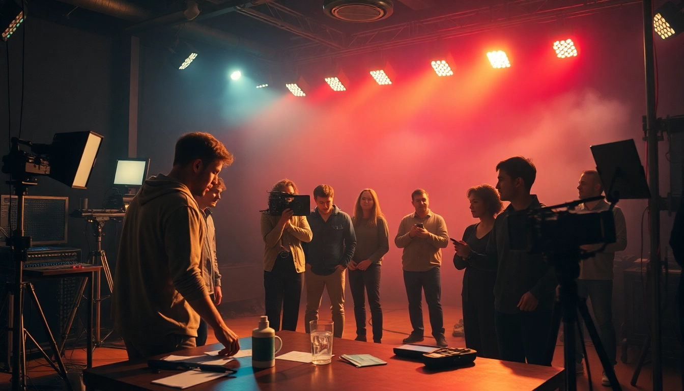 Collaborating on a 영상제작 project with diverse team members and creative lighting.