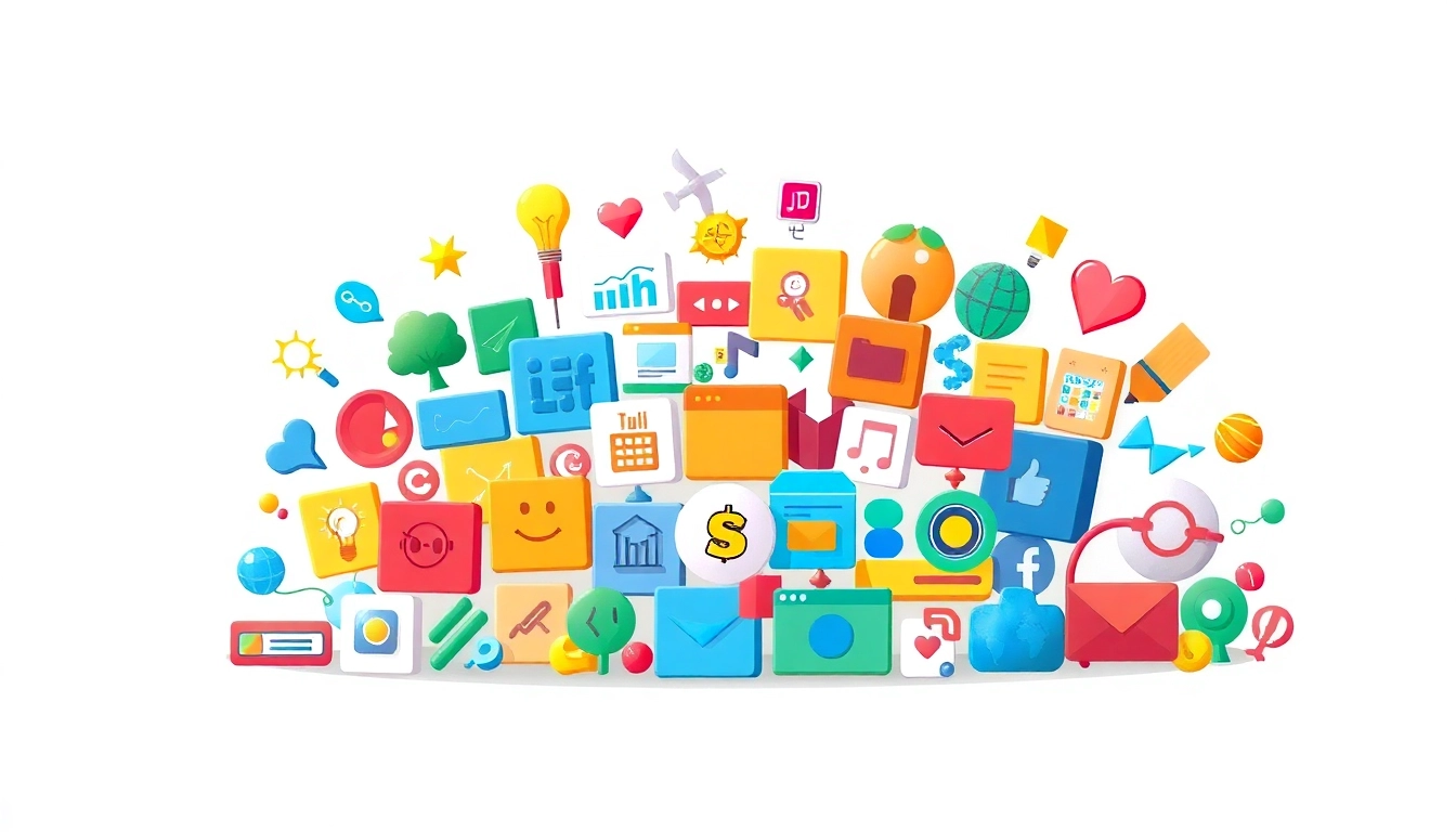 Creative icons representing technology, nature, and social media in a vibrant layout.