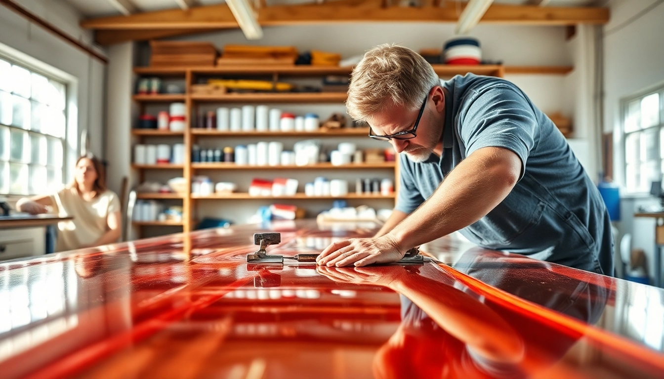 Laminating resin being applied by a craftsman in a bright workshop, showcasing precision and expertise.