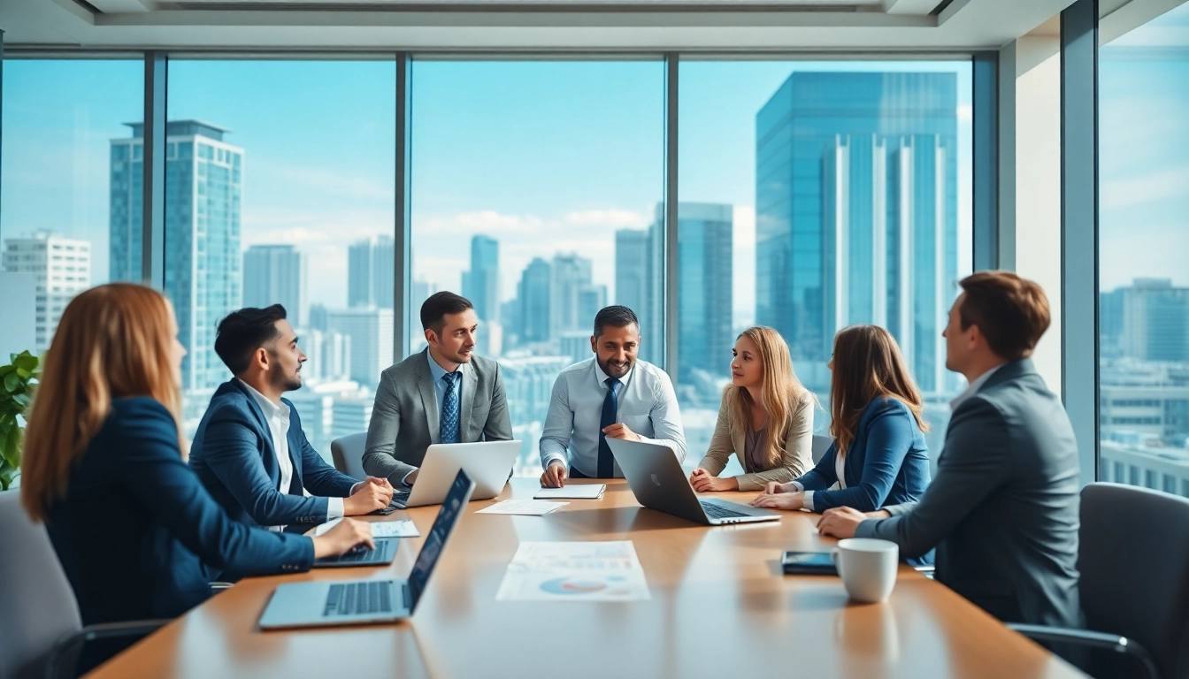 Showcase of a condo management team engaged in strategic discussions in a modern office.