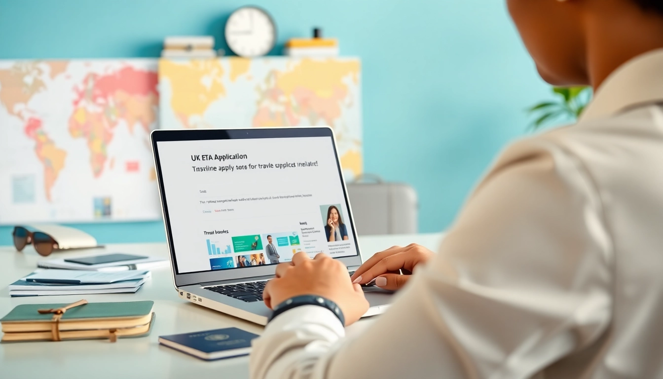Traveler applying for uk eta online application at stylish desk with laptop.