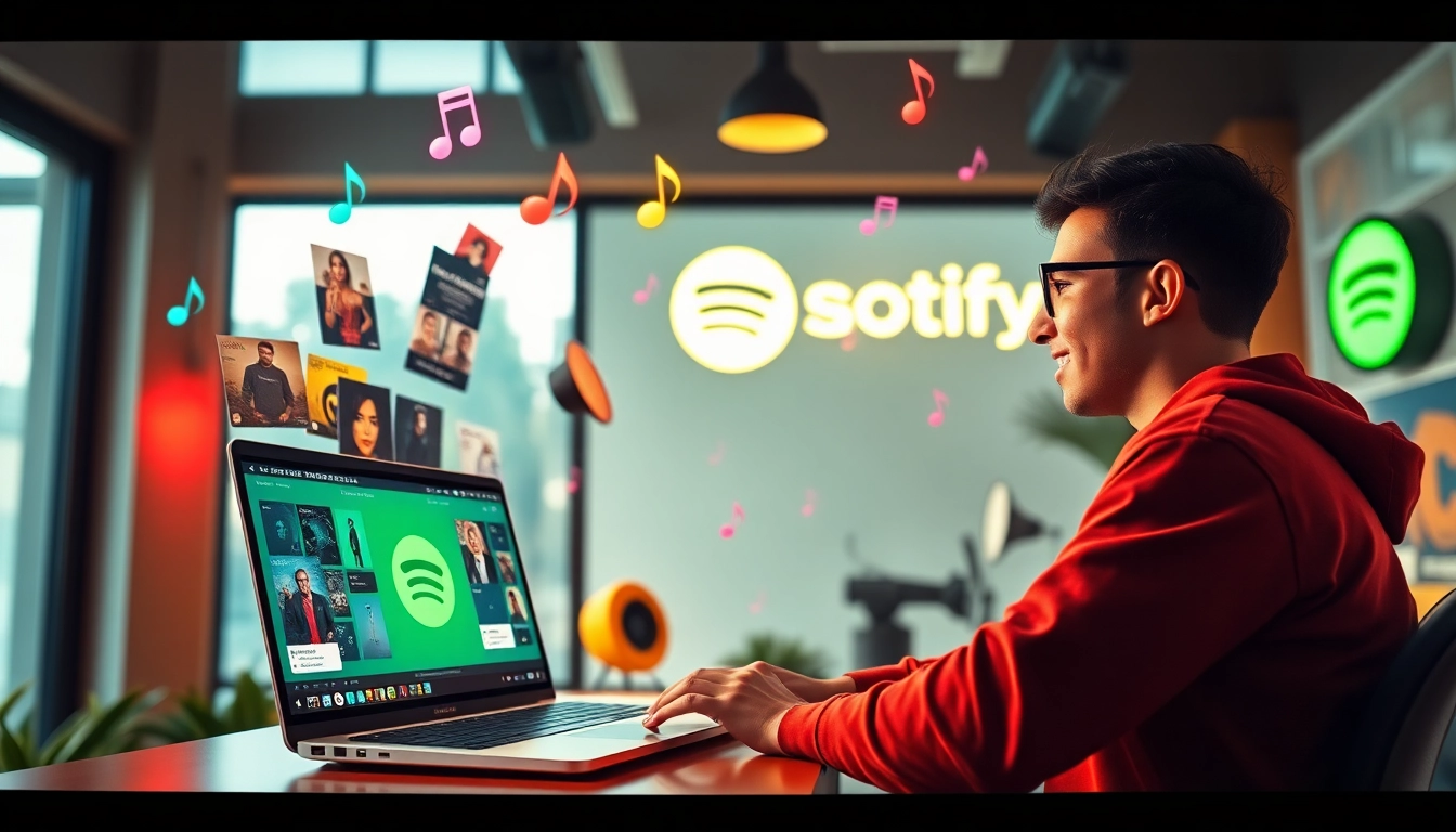 Engage in Spotify promotion with a vibrant music studio scene featuring digital tools and stats.