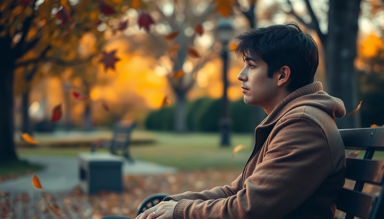 A person reflecting on their relationship breakup while sitting on a park bench surrounded by autumn leaves.
