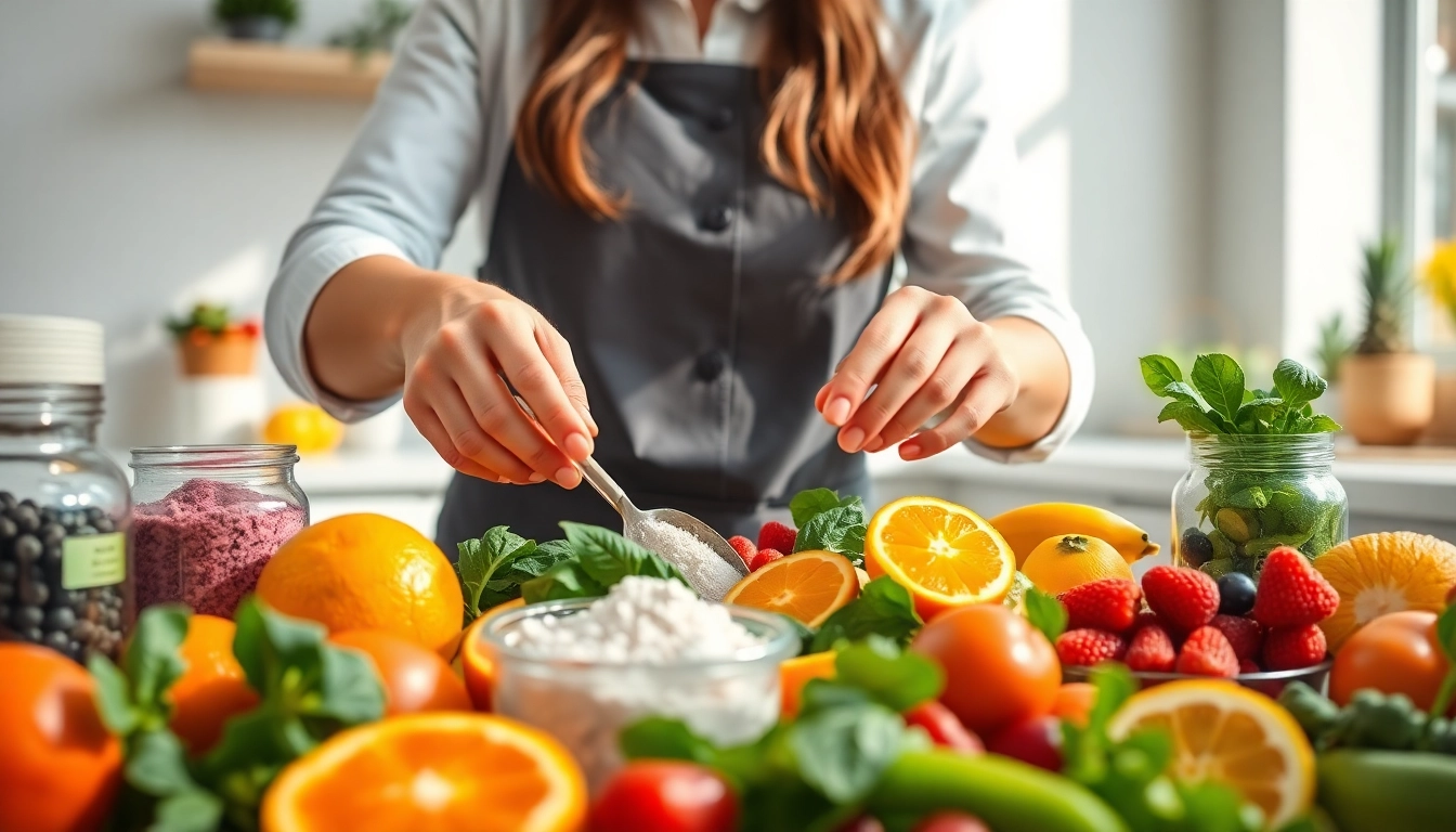 Mixing vibrant fruits and vegetables for Vitamin Boosters in a bright kitchen