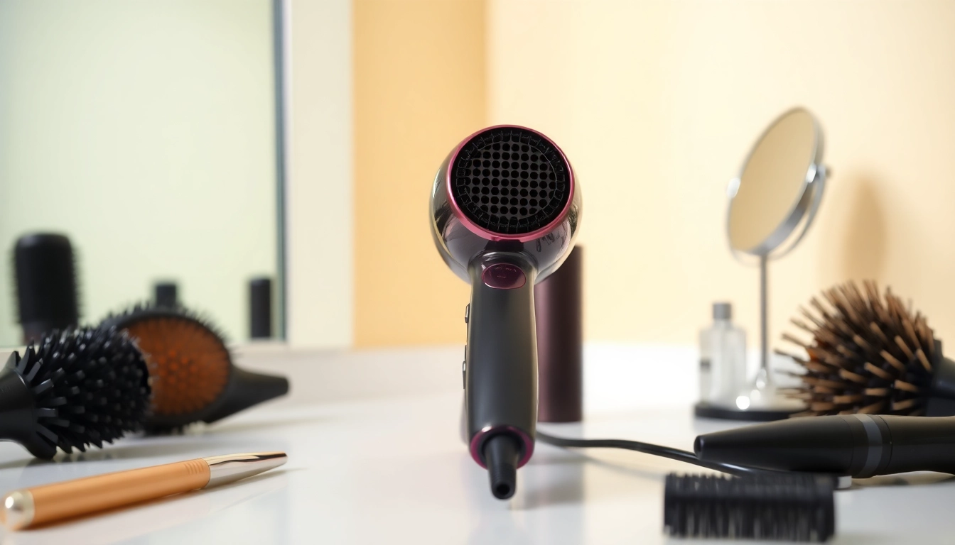 Styler hair dryer displayed attractively on a vanity, highlighting its sleek design and features.