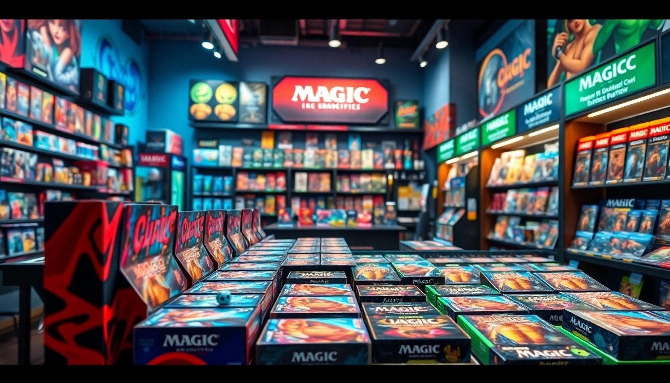 Showcasing a colorful booster box display in a vibrant game shop.