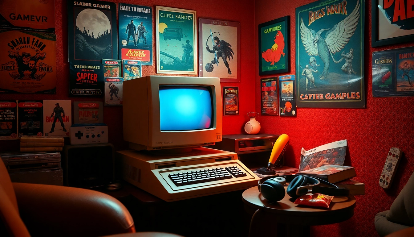 Engaging scene of retro gaming dos games download with an old-school setup and vintage decor