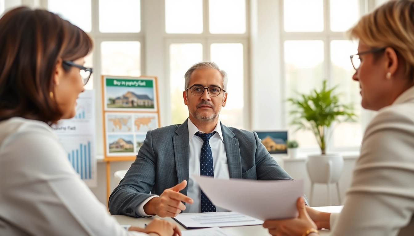 Seller discussing options to buy my property fast with real estate agent in an office.