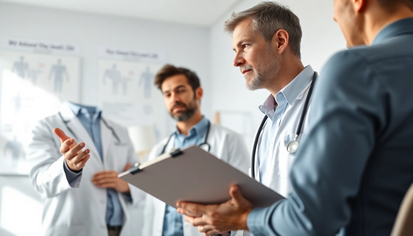 Discussing Testosterone Replacement Therapy between a doctor and patient in a modern clinic.