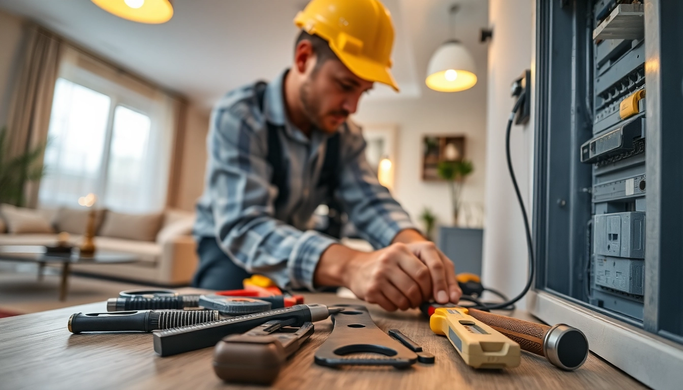 Electrician providing Electrical Service maintenance in a well-lit home environment.