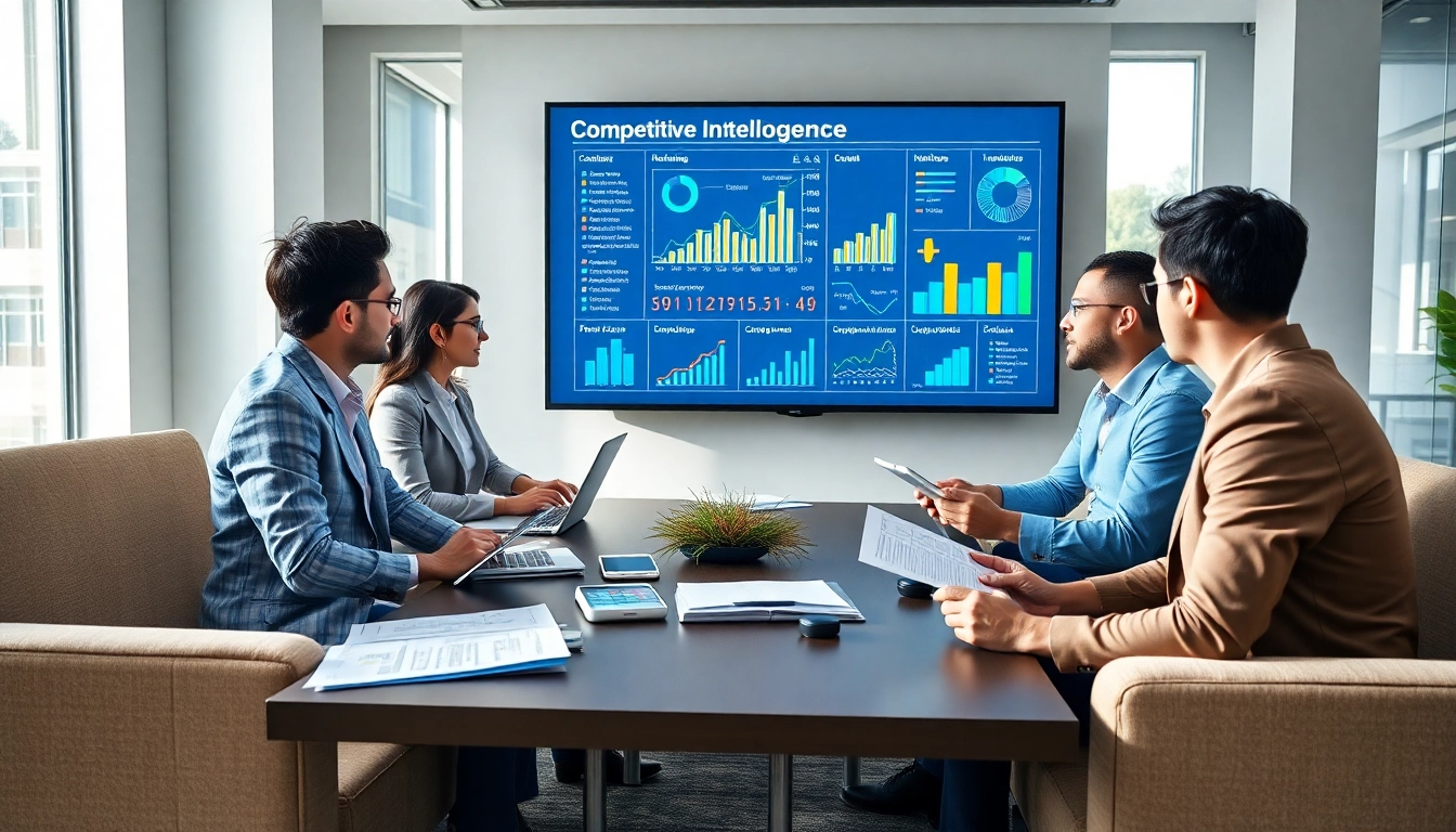 Analyze competitive intelligence data with a diverse team in a modern office setting.