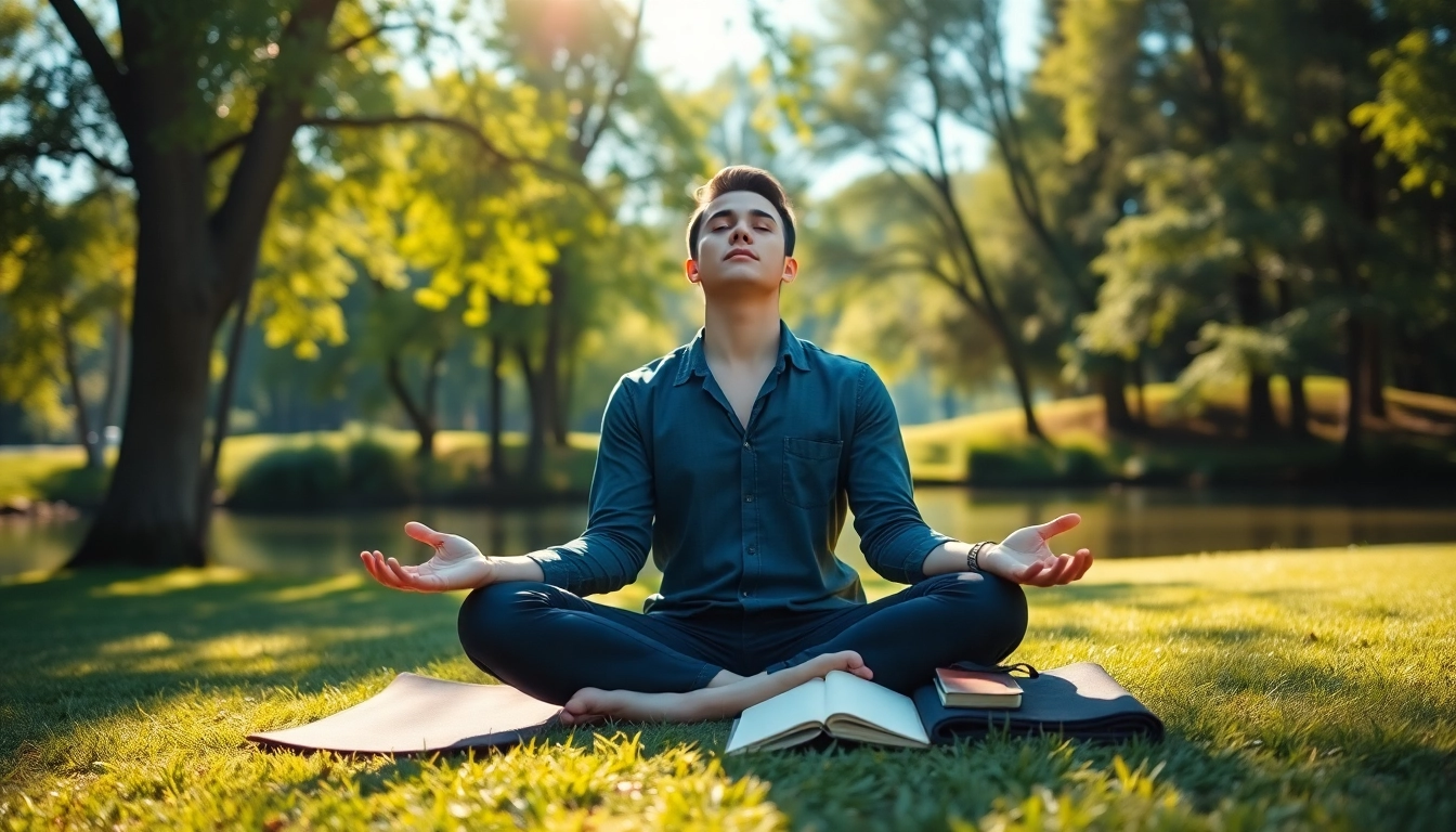 Practicing mindfulness while dealing with stress in a peaceful outdoor setting.
