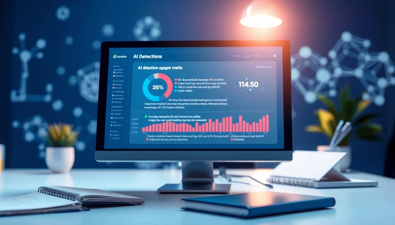 Analyze text with AI detection tool featuring interface metrics and abstract AI visuals.