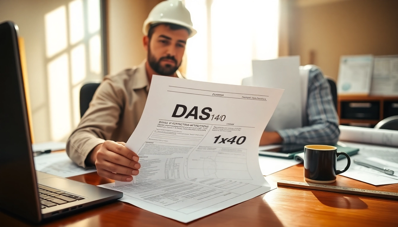 DAS 140 form being reviewed by a contractor amid construction documents in a professional office.