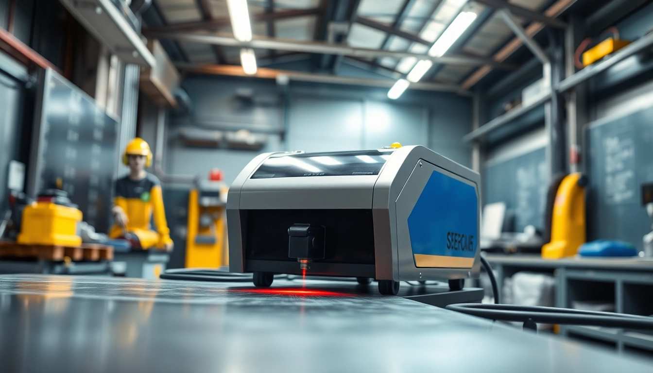 Laser cleaning machine showcasing precision in an industrial workshop setting with vibrant details.